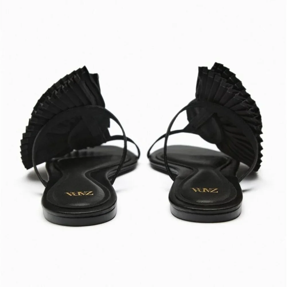NWT Zara black pleated fabric floral detail flat sandals, EU 37 - Picture 8 of 14